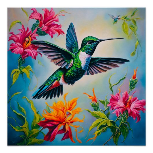 Levendige Kleur Hummingbird met Bloemen Perfect Poster (Voorkant)