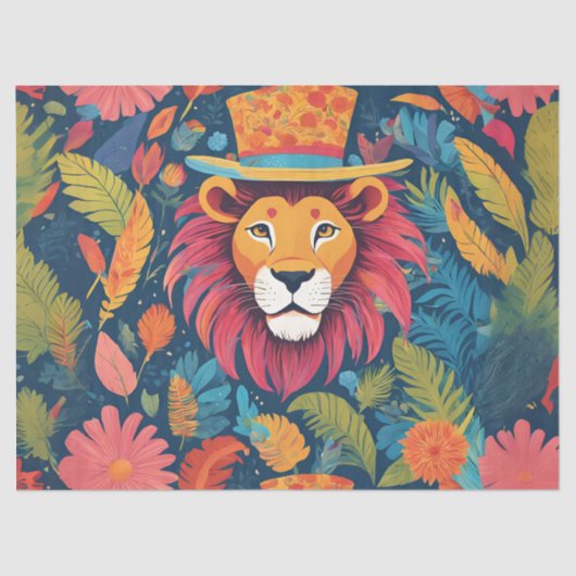 Levendige Kleur Leeuw met Top Hat Tissuepapier (Voorkant)