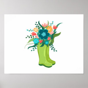 Levendige kleuren bloemen in groene laarzen poster