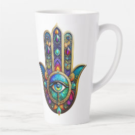 Levendige Kleuren Hamsa Turquoise Geel Derde Oog  Latte Mok