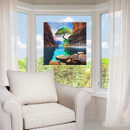 Levendige kleuren Lone Tree op een klif Raamsticker