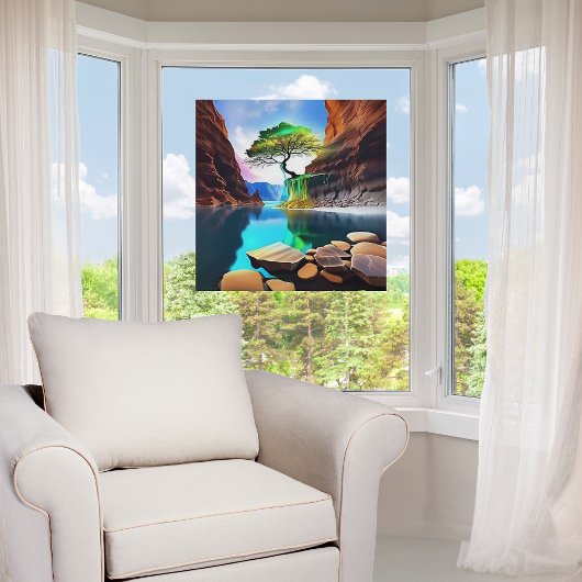 Levendige kleuren Lone Tree op een klif Raamsticker