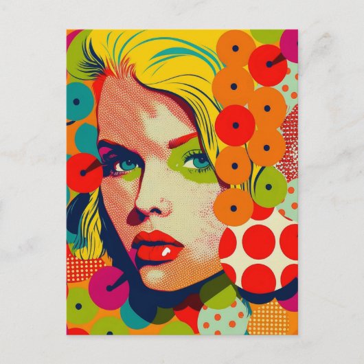 Levendige kleuren Pop Art Vrouw Portret Retro Briefkaart (Voorkant)
