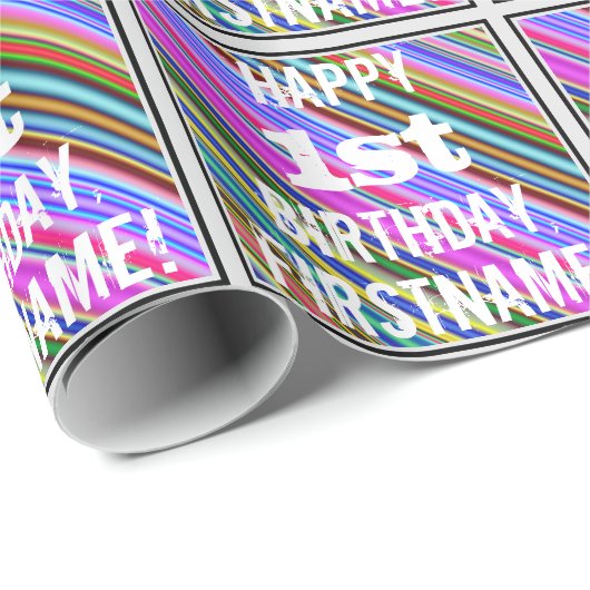 Levendige, kleurrijke 1e verjaardag + aangepaste n cadeaupapier (Rol Hoek)