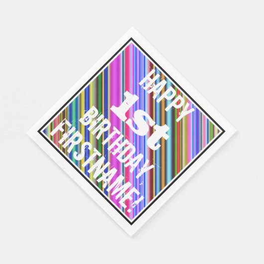 Levendige, kleurrijke 1e verjaardag + aangepaste n servet (Hoek)