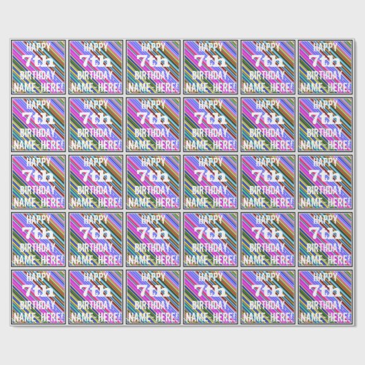 Levendige, kleurrijke 7e verjaardag + aangepaste n cadeaupapier (Vlak)