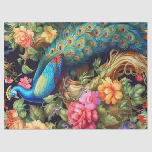 Levendige Kleurrijke Bloemen Pauw Decoupage Tissuepapier (Voorkant)