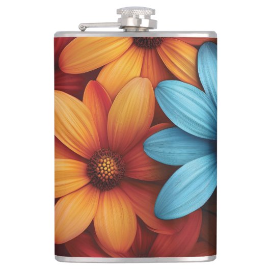 Levendige kleurrijke Daisy, Blauw, Geel, Oranje kl Heupfles (Voorkant)