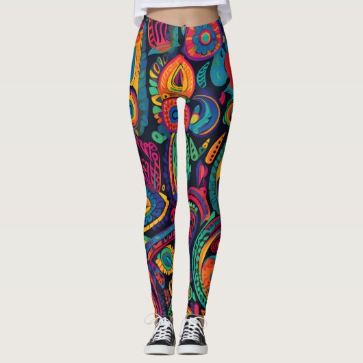 Levendige kleurrijke Indiase textiel print patroon Leggings (Voorkant)