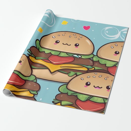Levendige kleurrijke Kawaii cheeseburgers Cadeaupapier (Uitgerold)