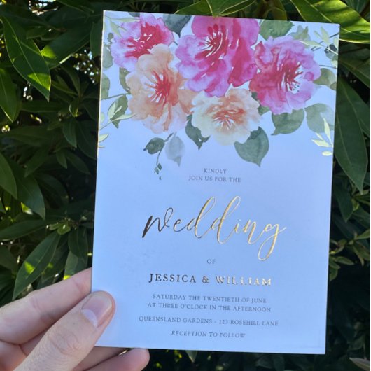 Levendige kleurrijke lente bloemen bruiloft goud folie uitnodiging