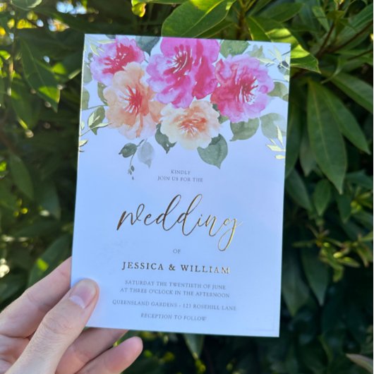 Levendige kleurrijke lente bloemen bruiloft goud folie uitnodiging