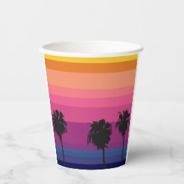 Levendige, kleurrijke oceaan zonsondergang & palmb papieren bekers