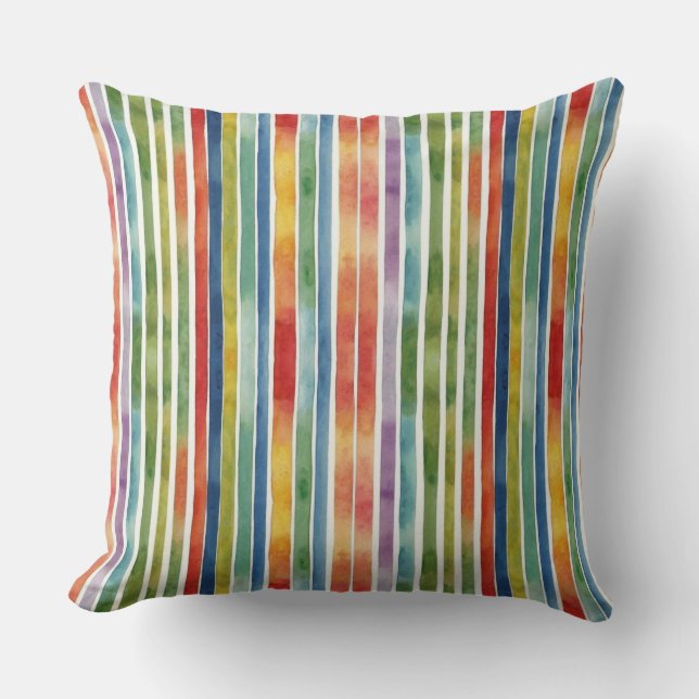 Levendige kleurrijke Rainbow Stripes Waterverf Kussen (Voorkant)