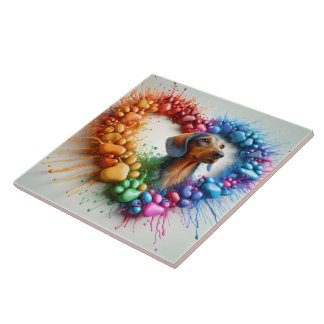 Levendige kleurrijke teckel Paw Print Design Tegeltje