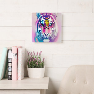 Levendige kleurrijke tijger gezicht gedurfde moder vierkante klok