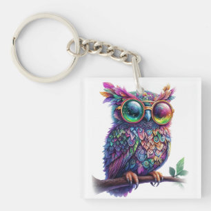 Levendige Kleurrijke Uil met Levendige Brillen Ont Sleutelhanger