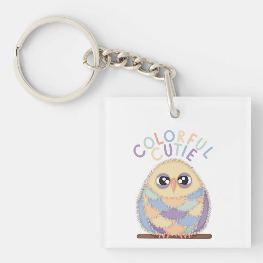 Levendige Kleurrijke Uil met Tekst Sleutelhanger (Voorkant)