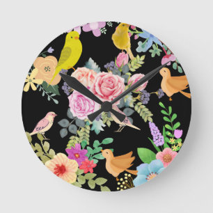 Levendige Kleurrijke Vogels en Bloemen Kunst op Zw Ronde Klok