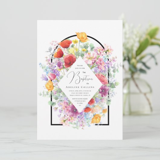 Levendige kleurrijke wilde bloemen doop kaart (Staand voorkant)