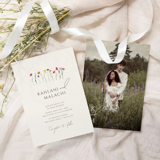 Levendige Kleurrijke Wildflower Foto Bruiloft Kaart