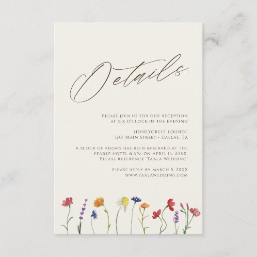 Levendige kleurrijke Wildflower Modern bruiloft De Informatiekaartje (Voorkant)