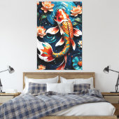 Levendige Koi en mooie bloemen Aquatic Scene Canvas Afdruk (Insitu (Slaapkamer))