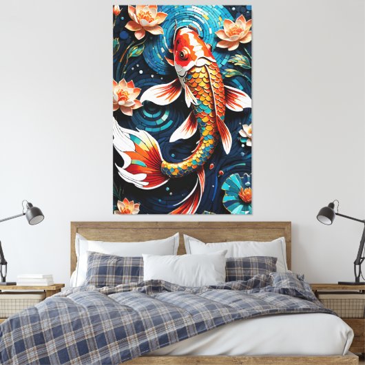Levendige Koi en mooie bloemen Aquatic Scene Canvas Afdruk (Insitu (Slaapkamer))