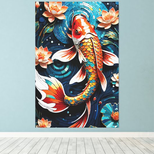 Levendige Koi en mooie bloemen Aquatic Scene Canvas Afdruk (Insitu (Houten vloer))