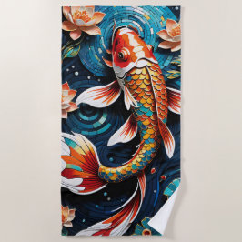 Levendige Koi en mooie bloemen Aquatic Scene Strandlaken