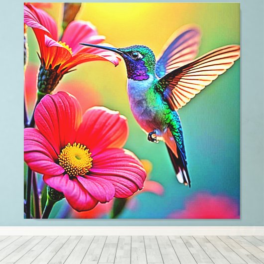 Levendige kolibrie bij Sunset Design Canvas Afdruk (Insitu (Houten vloer))