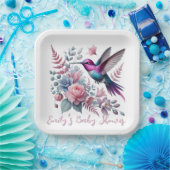 Levendige kolibrie en roze bloemen Baby shower Papieren Bordje (Feest)