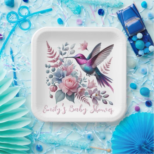 Levendige kolibrie en roze bloemen Baby shower Papieren Bordje (Feest)