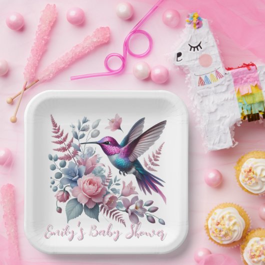 Levendige kolibrie en roze bloemen Baby shower Papieren Bordje (Feest)