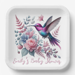 Levendige kolibrie en roze bloemen Baby shower Papieren Bordje