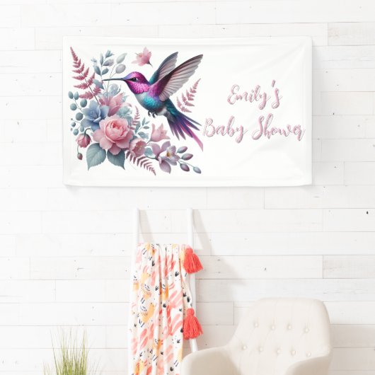 Levendige kolibrie en roze bloemen Baby shower Spandoek (Insitu)