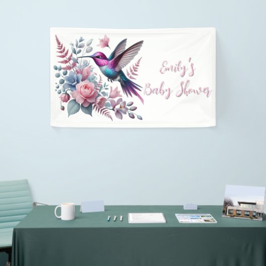 Levendige kolibrie en roze bloemen Baby shower Spandoek (Beurs)