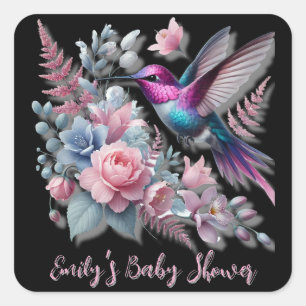 Levendige kolibrie en roze bloemen Baby shower Vierkante Sticker