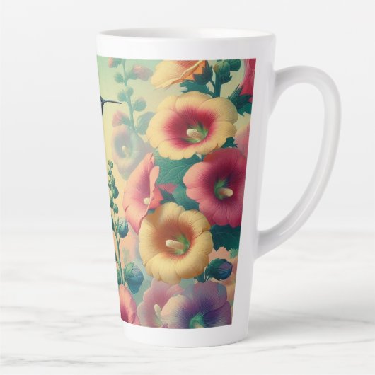 Levendige kolibrie vliegt tussen kleurrijke bloeme latte mok (Rechts)