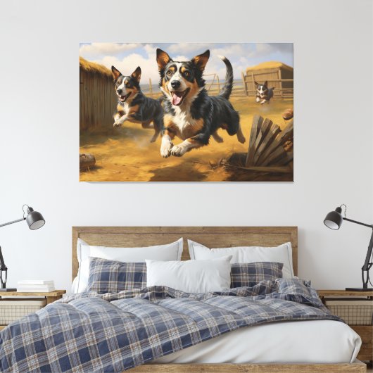 Levendige Lancashire Heeler achtervolgingen Canvas Afdruk (Insitu (Slaapkamer))