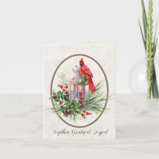 Levendige lantaarn met heilige en kardinale kerst feestdagen kaart (Voorkant)