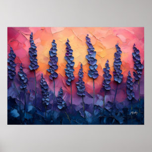Levendige lavendelvelden in een zonsonderganglucht poster