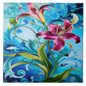 Levendige lelie bloeit tegen blauwe wervelingen tegeltje (Voorkant)