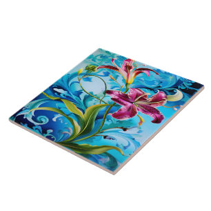 Levendige lelie bloeit tegen blauwe wervelingen tegeltje