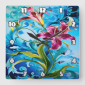 Levendige lelie bloeit tegen blauwe wervelingen vierkante klok (Voorkant)