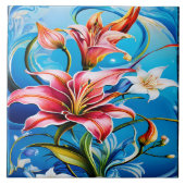 Levendige lelie bloeit tegen een blauwe achtergron tegeltje (Voorkant)