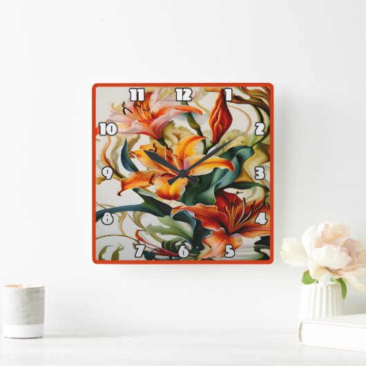 Levendige lelies in kleurrijk abstract ontwerp vierkante klok (Huis)