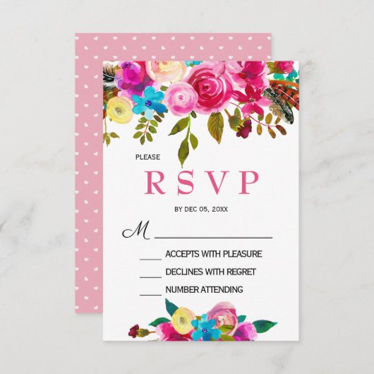 Levendige lente roze waterverf bloemen RSVP kaart (Voorkant / Achterkant)