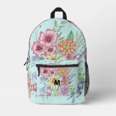 Levendige lente Wildbloemen op Blauwgroen monogram Bedrukte Rugzak (Voorkant)