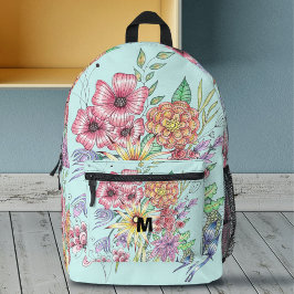 Levendige lente Wildbloemen op Blauwgroen monogram Bedrukte Rugzak